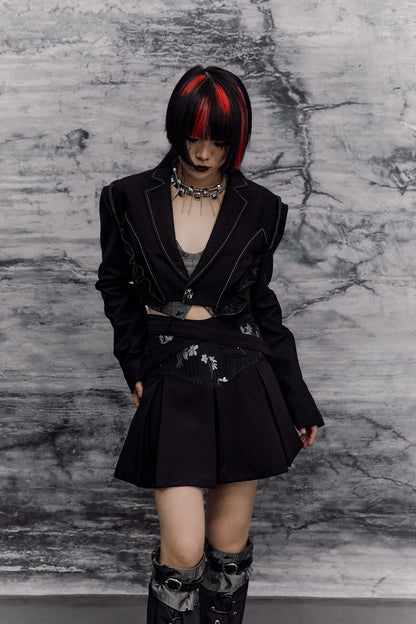 Dark Slimming Patchwork Lapel Jacket Set