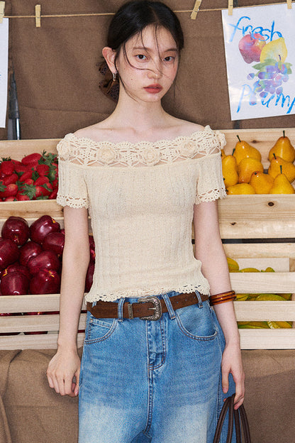 Handmade Crochet Camellia Off-Shoulder Knit Top