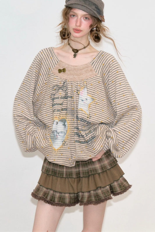 Striped Cat Print Sweatshirt