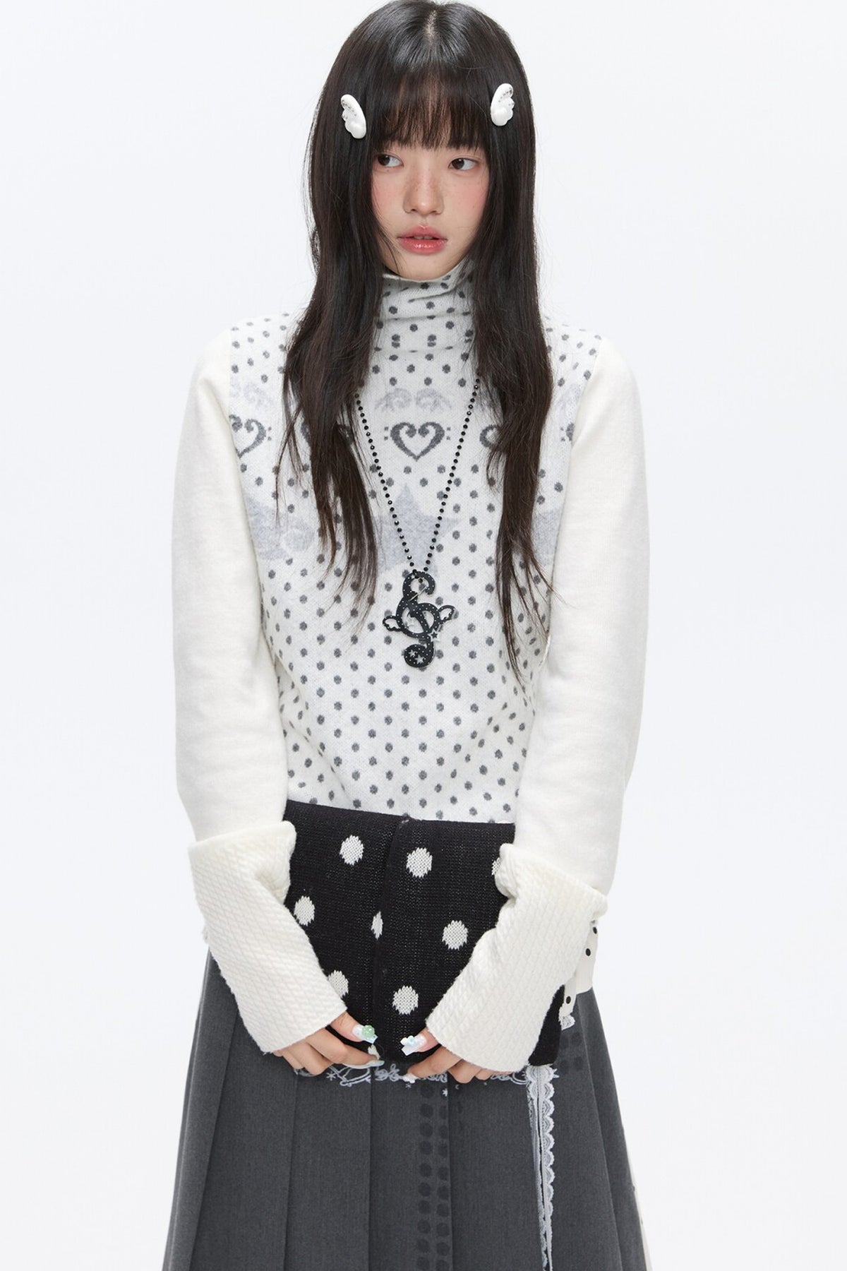 High-Neck Polka Dot Jacquard Sweater
