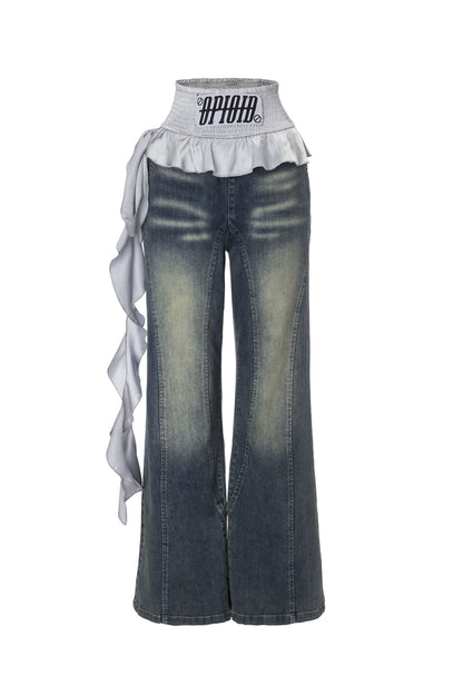 Boxing Style Patchwork Washed Wide-Leg Jeans
