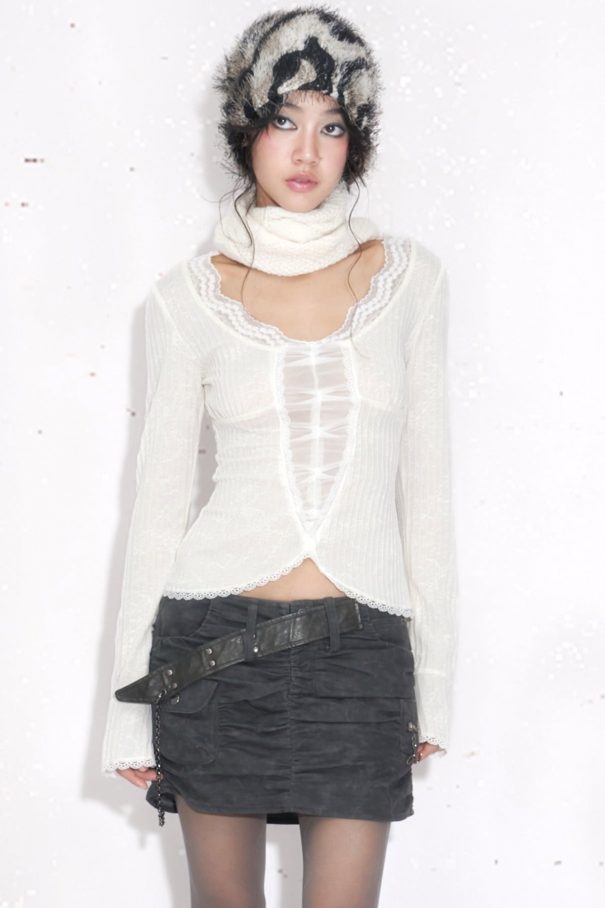 Ruched Pleated Belt Chain Skirt