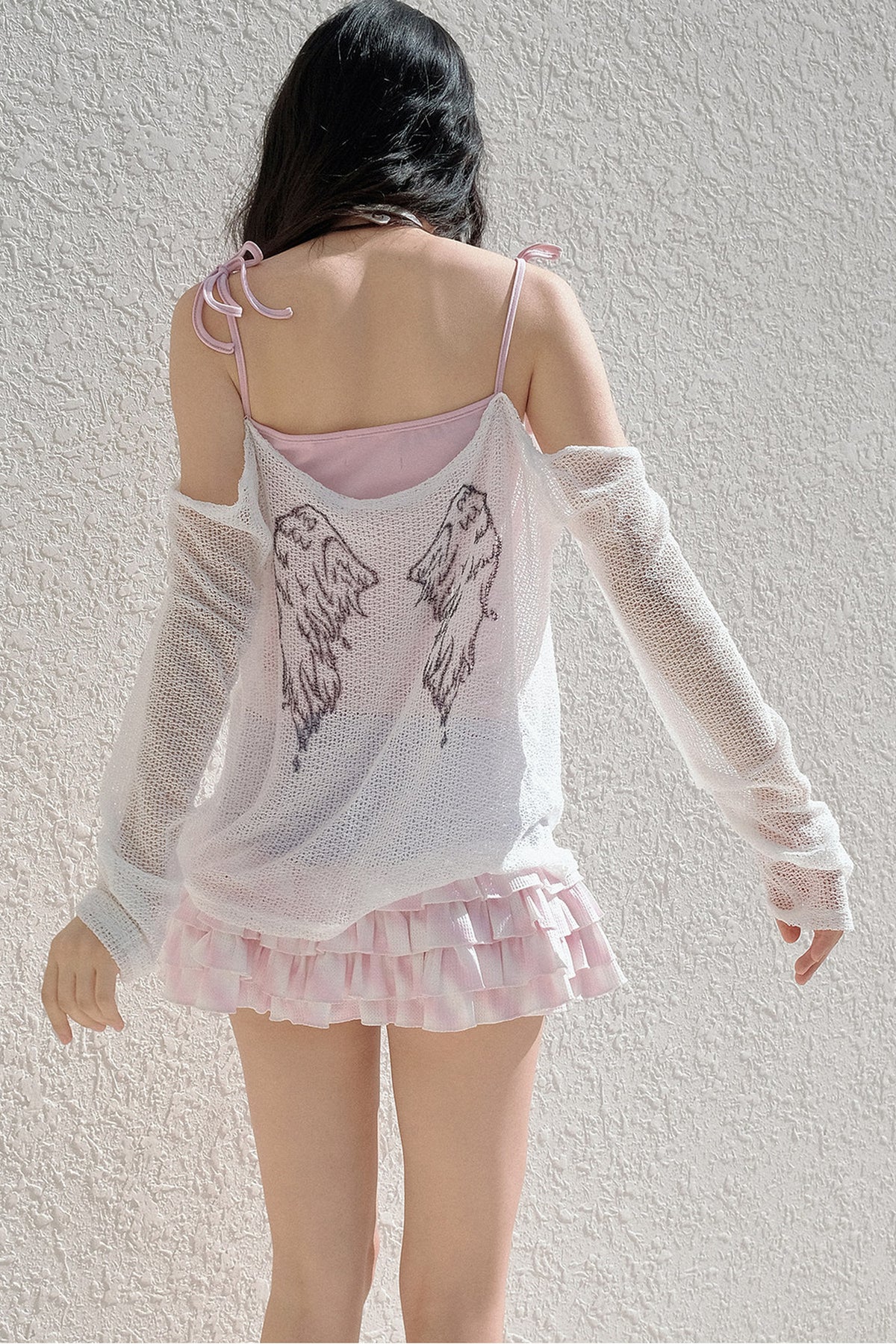 Schulterfreies Mesh-Camisole mit Schleifenband und Überwurf-Set