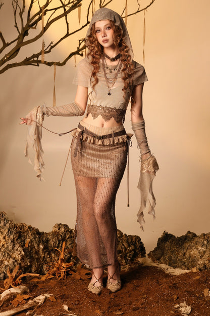 Wasteland Style Lace Camisole Hood Cape Sleeve Set-Up
