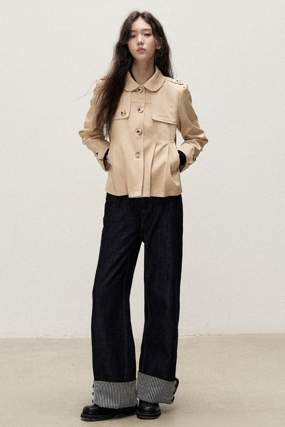 Cream Khaki Pleated A-Line Trench Coat