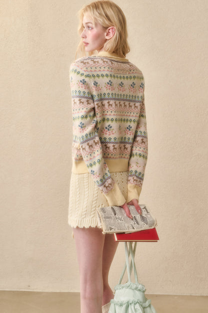Reindeer Fair Isle Lace Trim Cardigan Top