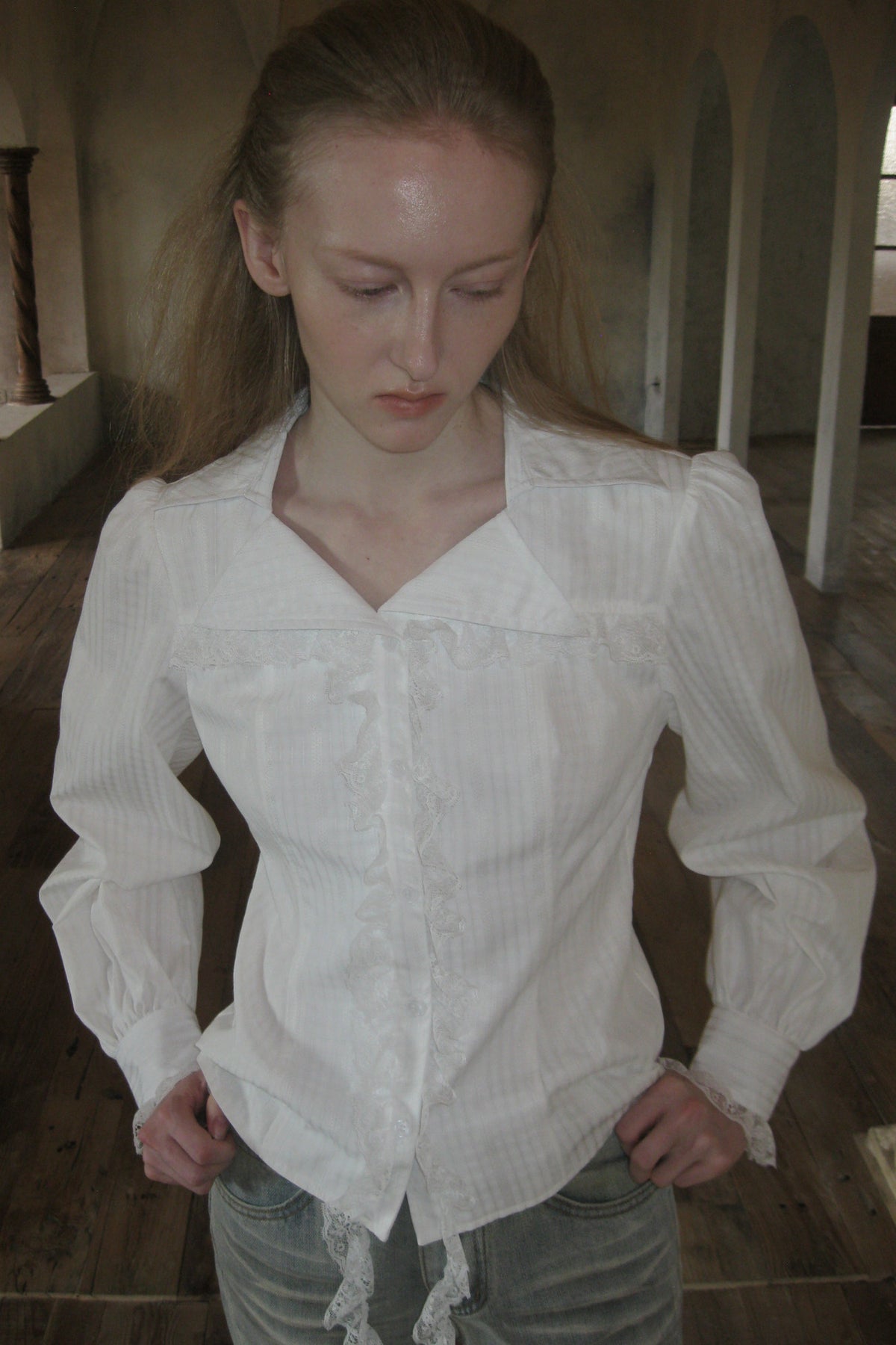 Lace Irregular Hem Long Sleeve Shirt