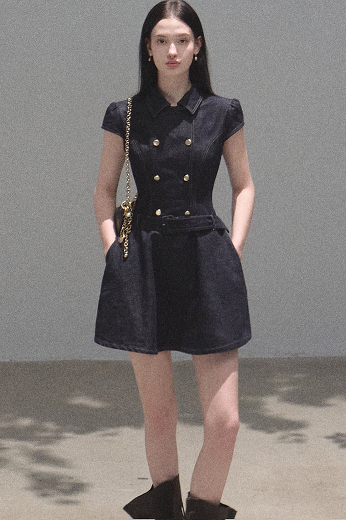 Retro Denim Waist-Cinching Dress Set-Up
