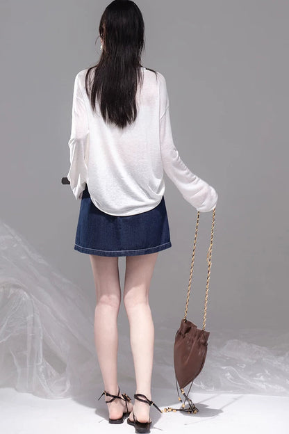 Night Blue Pleated Denim Skirt