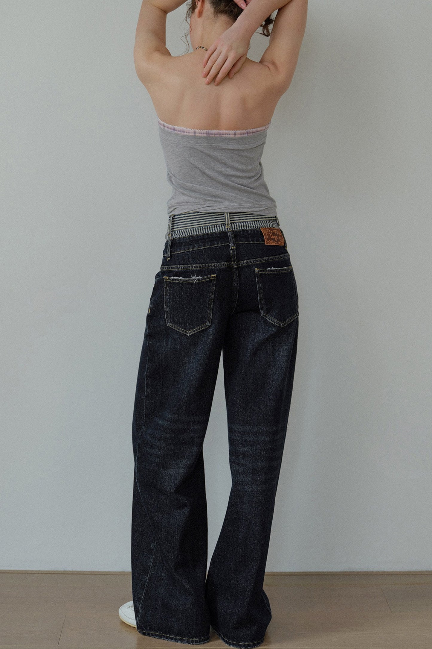 Striped Double Waistband Wide-Leg Jeans