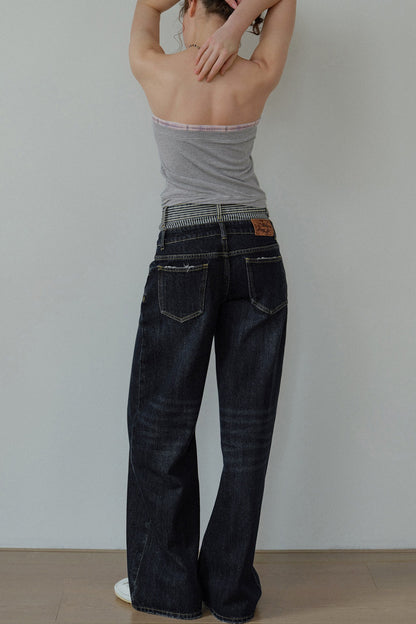 Striped Double Waistband Wide-Leg Jeans