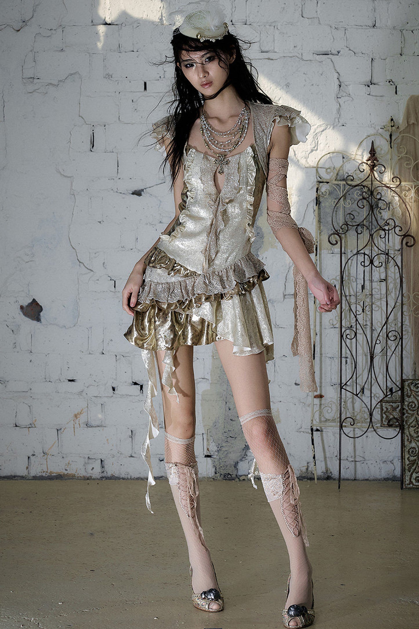 Baroque Gold Satin Ruffle Dress