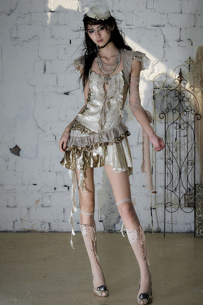 Baroque Gold Satin Ruffle Dress