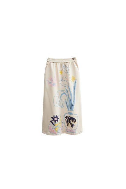 Ear Detail Bird Fruit Print Sweatshirt and Skirt Set-Up