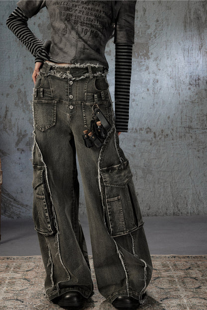 Vintage Washed Wide-Leg Large Patch Pockets Jeans