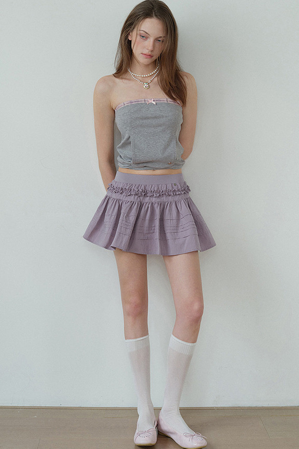 Gray Pink Plaid Bow Tube Top