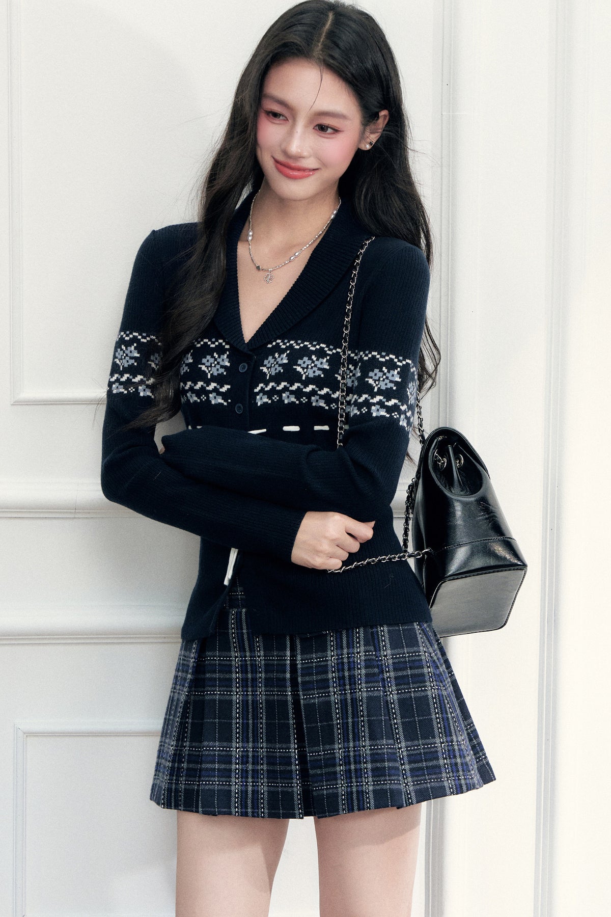 Navy Tie Closure Knit Top and Plaid Skirt Set-Up