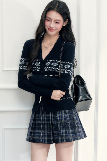Navy Tie Closure Knit Top and Plaid Skirt Set-Up