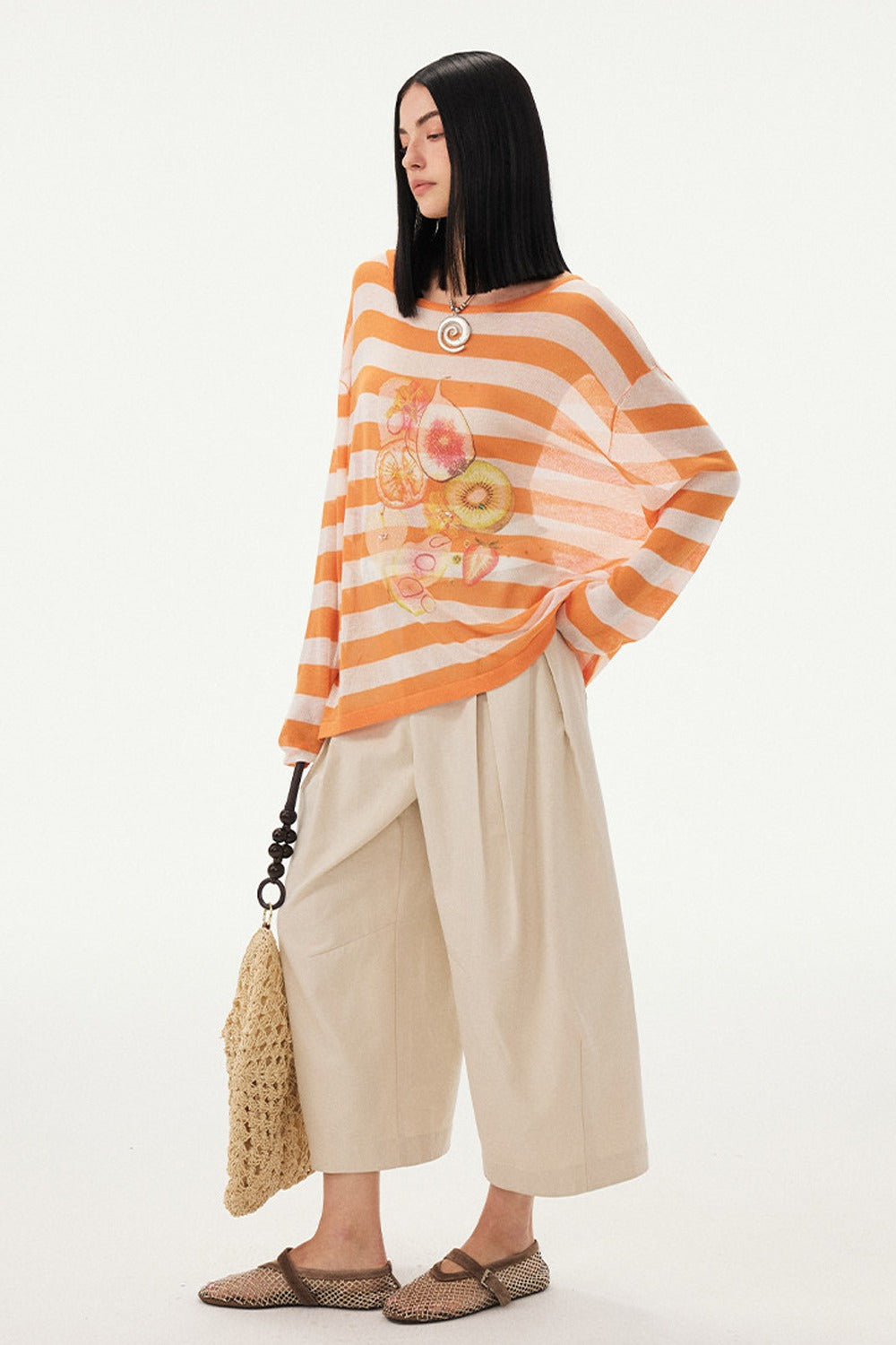 Gestreifte Bluse mit Fruchtprint und asymmetrischer Schulter