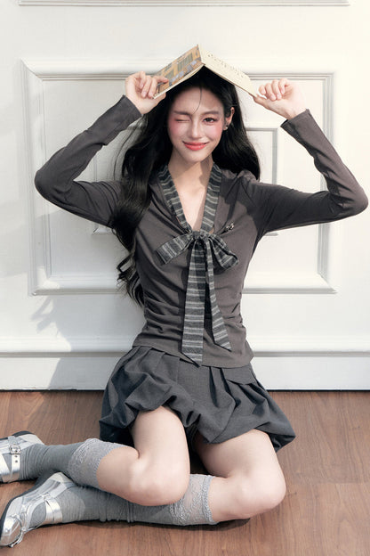 Bow Tie Knit Top and Skirt Set-Up