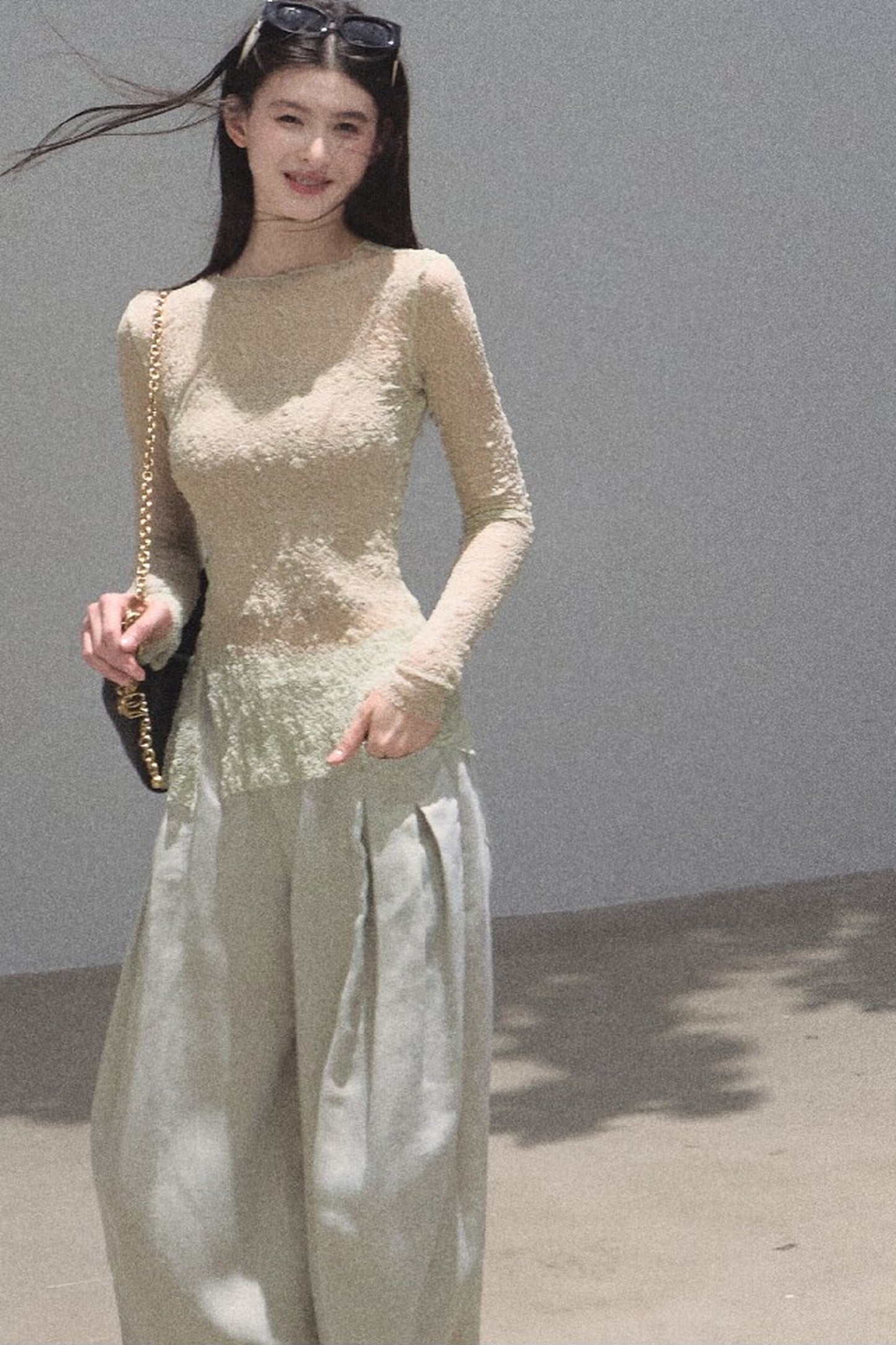 Silver Textured Knit Lace Top