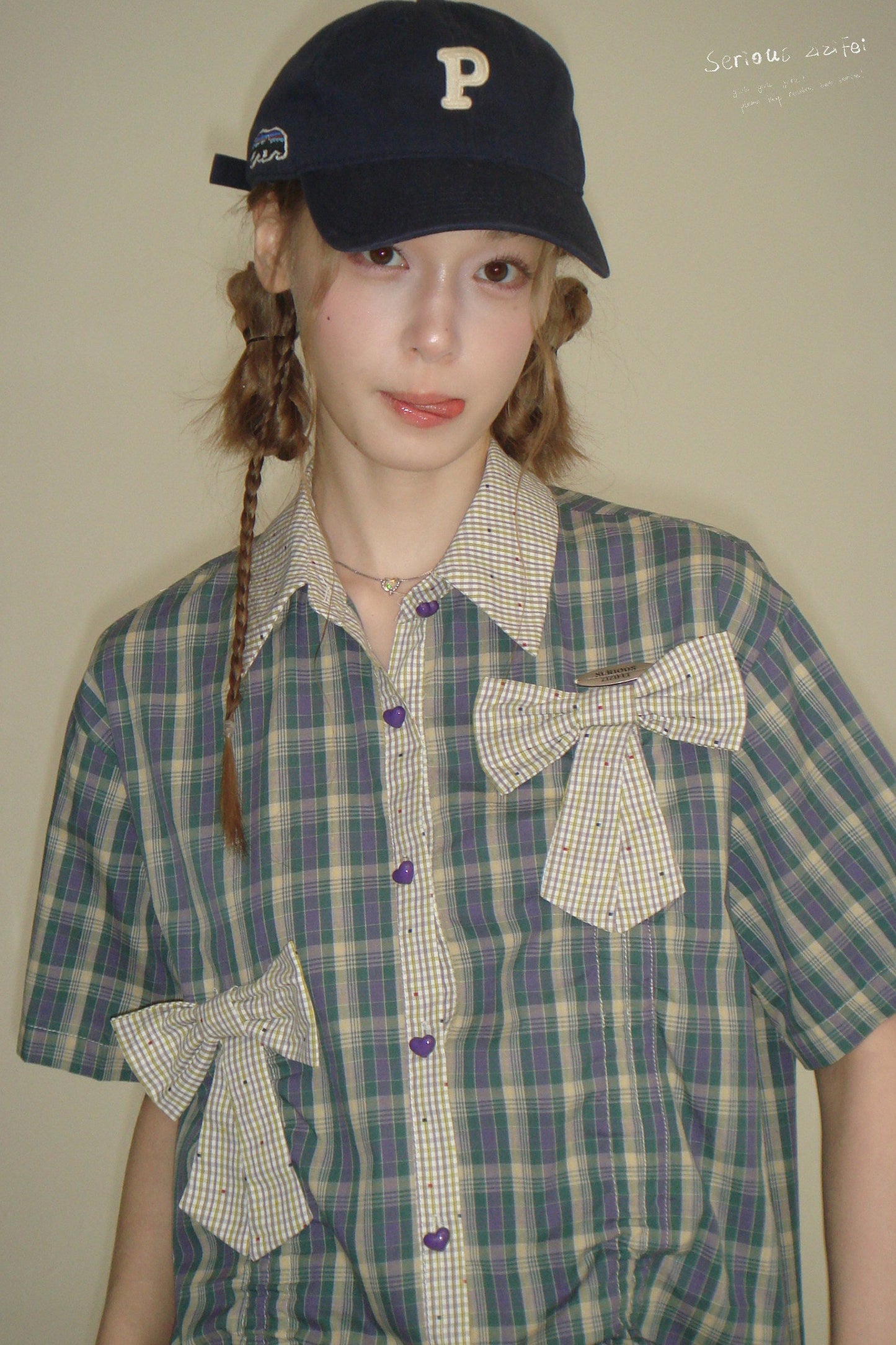 Purple Green Plaid Bow Drawstring Shirt