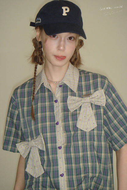 Purple Green Plaid Bow Drawstring Shirt