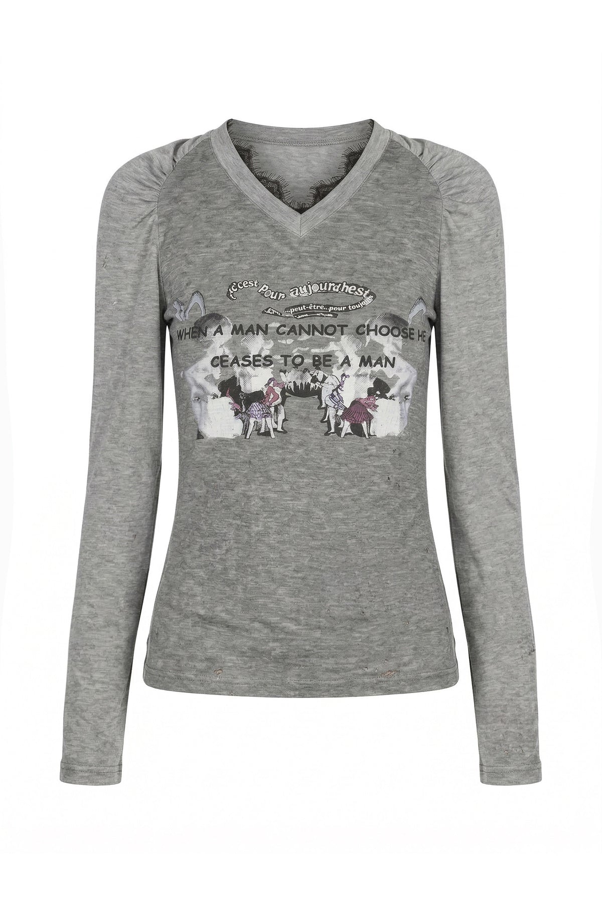 Gray Lace Patchwork Long-Sleeved T-shirt
