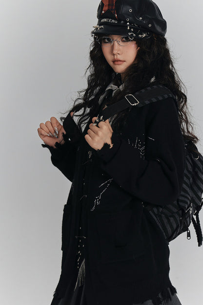 Irregular Ripped Pin V-Neck Knitted Cardigan