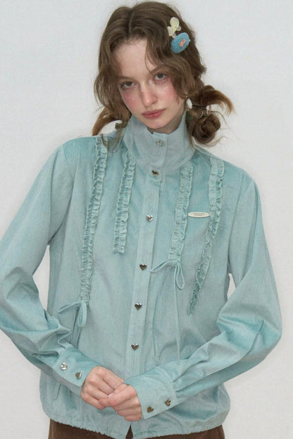 Lace Drawstring Stand Collar Shirt