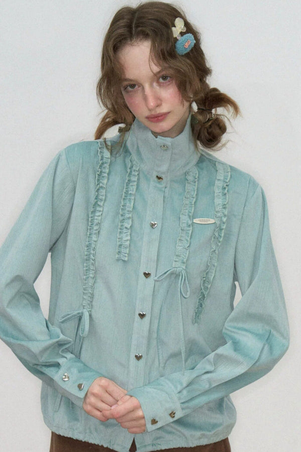 Lace Drawstring Stand Collar Shirt