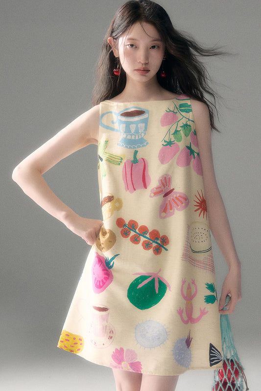 Hand-Painted Fruit Vegetable Print Sleeveless Vest Dress