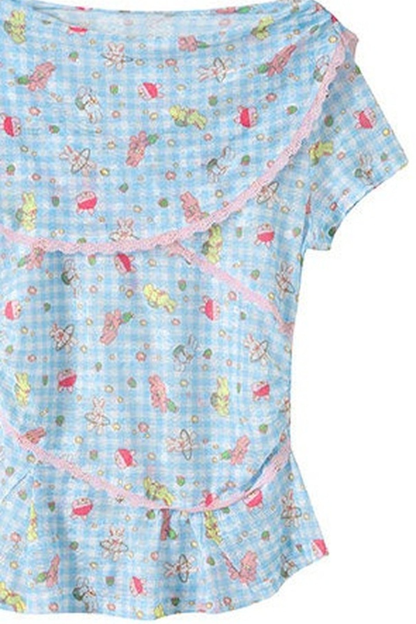 Ensemble haut en dentelle et jupe à carreaux bleus avec imprimé lapin