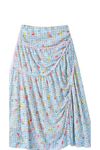 Ensemble haut en dentelle et jupe à carreaux bleus avec imprimé lapin