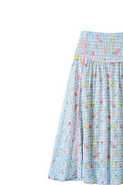 Ensemble haut en dentelle et jupe à carreaux bleus avec imprimé lapin