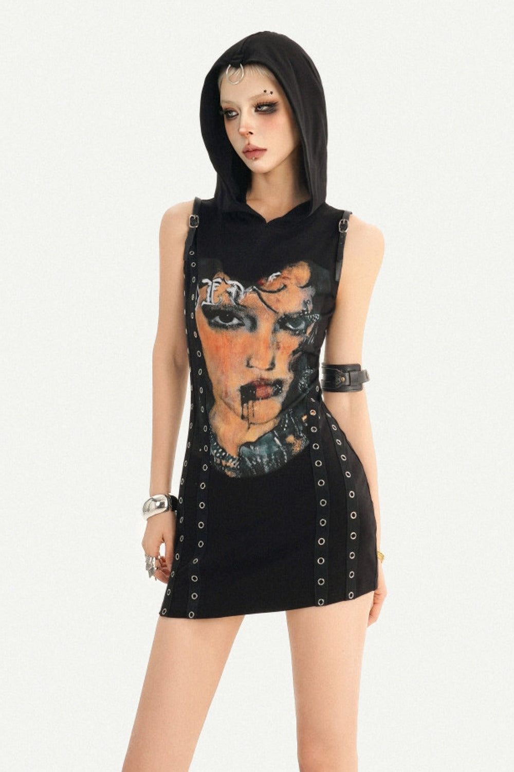 Punk Rivet Printed Hooded Dress