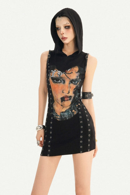 Punk Rivet Printed Hooded Dress