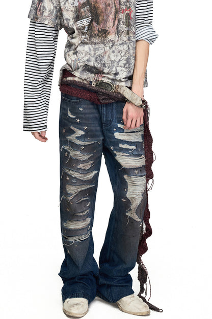 Star Stud Embroidered Washed Ripped Flared Jeans
