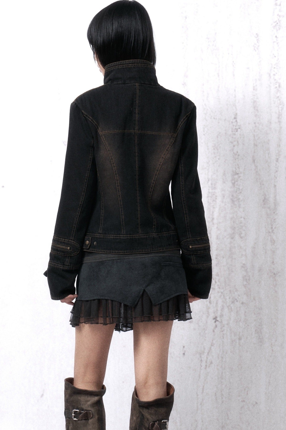 Washed Distressed Cross-Zipper Quilted Denim Jacket