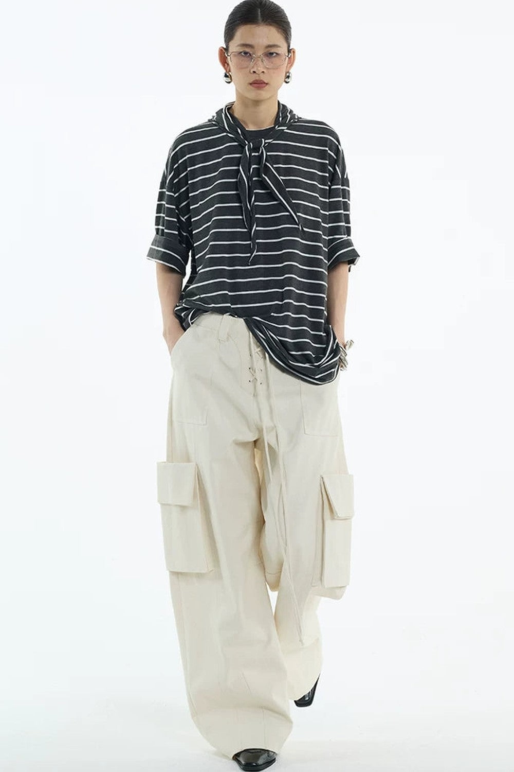 Oversize Gray White Striped Mid-Sleeve Tee