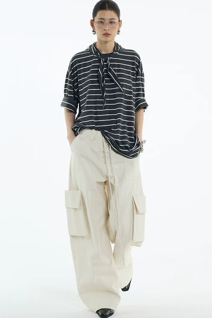 Oversize Gray White Striped Mid-Sleeve Tee