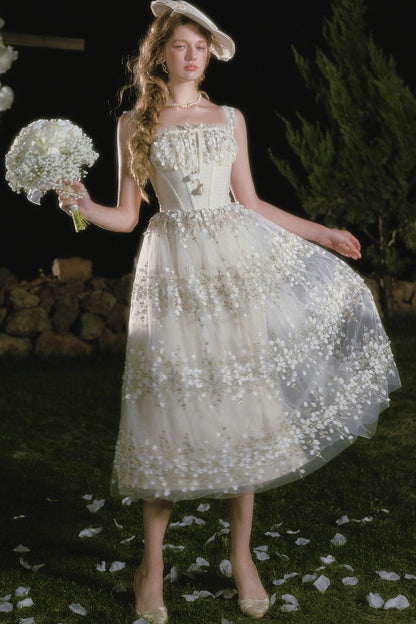 Embroidery Fishbone Strap Long Dress