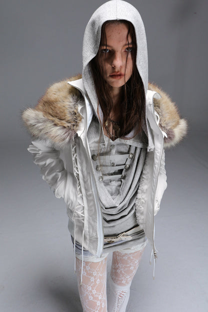 Lace-Up Fur Shawl Parka Jacket
