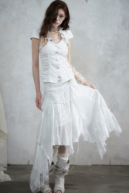 Lace Patchwork Ruched Layered-Look Shirt