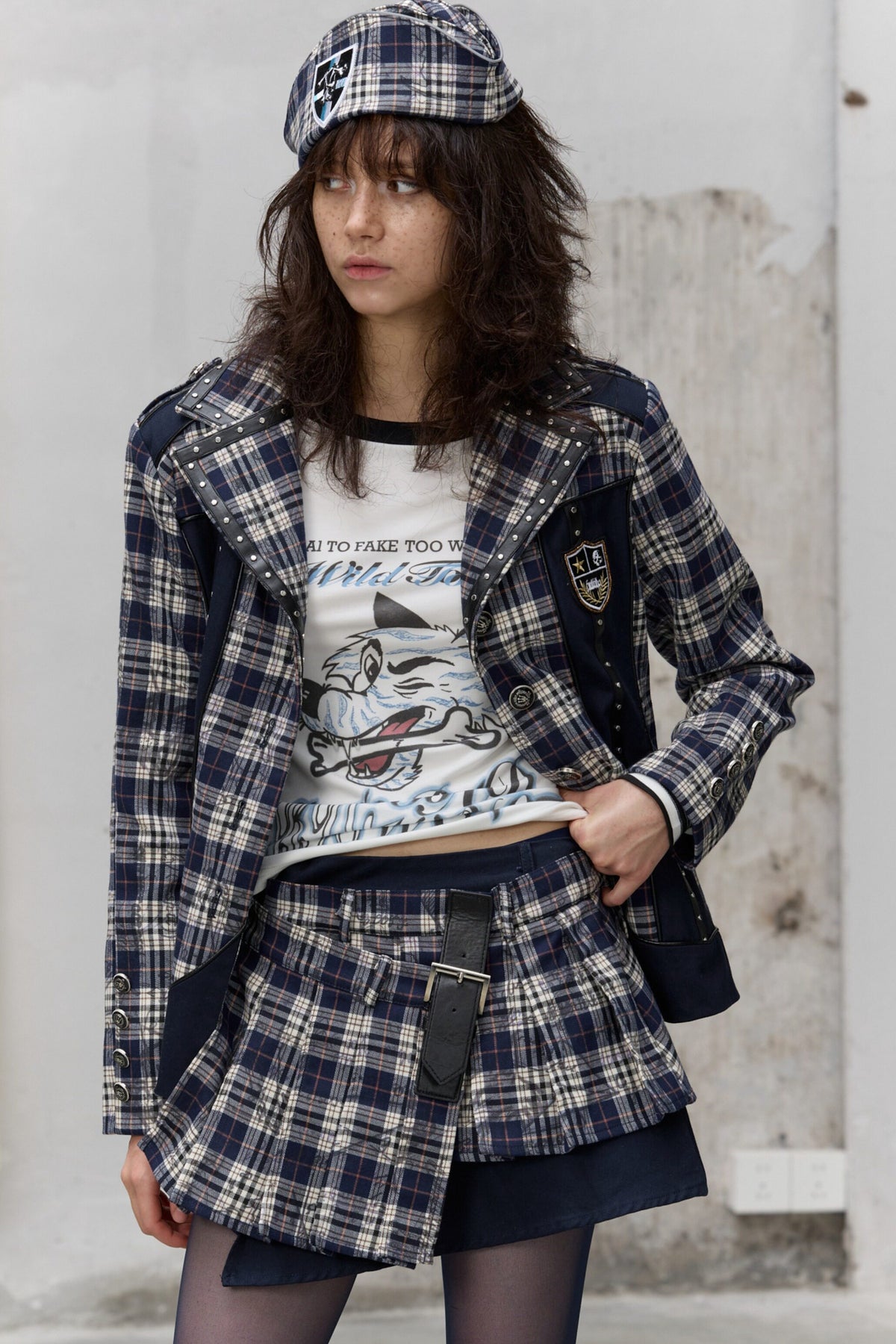 Asymmetrical Pleated Plaid Graffiti Skirt