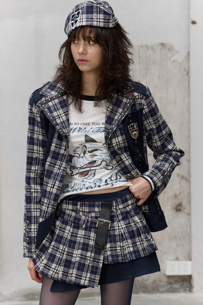 Asymmetrical Pleated Plaid Graffiti Skirt