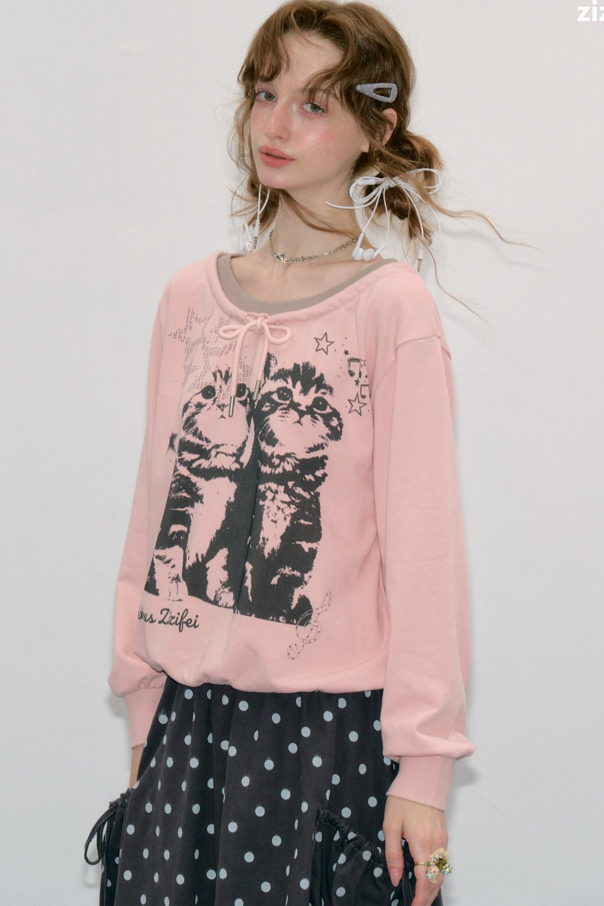 Rosa Sweatshirt mit Katzenprint und Bindeband