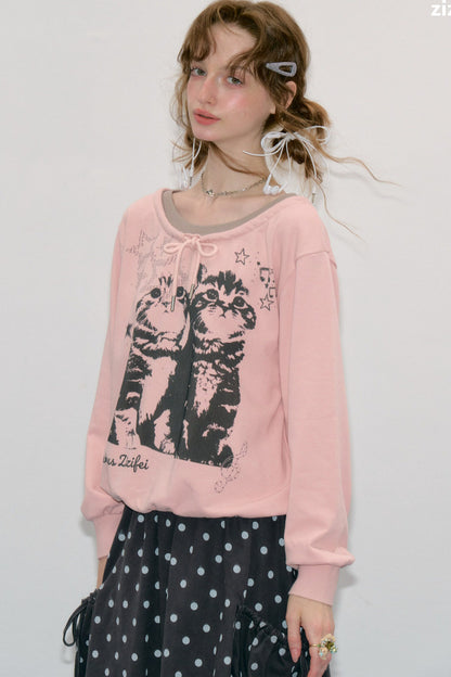 Rosa Sweatshirt mit Katzenprint und Bindeband
