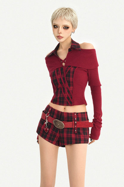 Red Plaid Low-Waisted Shorts