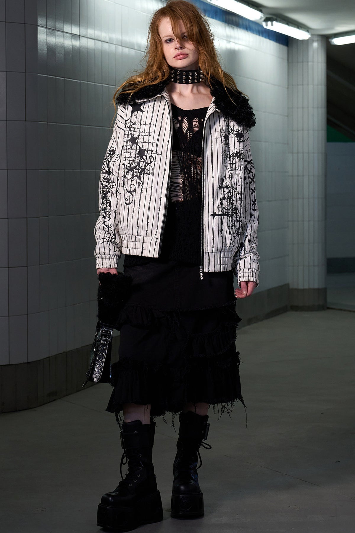 Detachable Fur Collar Thorn Stripe Jacket